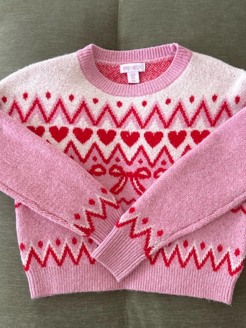 Paris Hilton Pink Fair Isle Sweater with Red Hearts and Bows